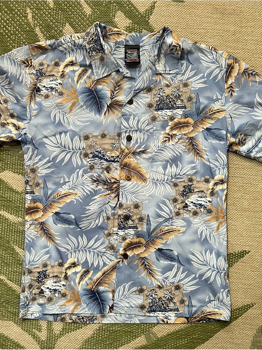 Vintage Blue Floral Hawaiian Button-Down Aloha Shirt by Tapa Threads Hawaii